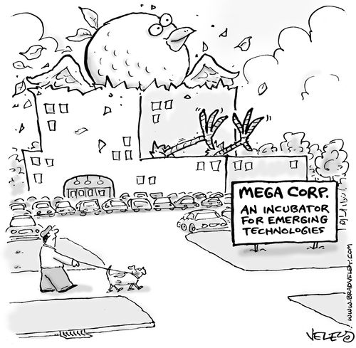 Business sign: 'Mega Corp.: An Incubator for Emerging Technologies.'