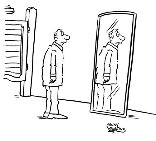 Man looks in changing room mirror and sees himself backwards.