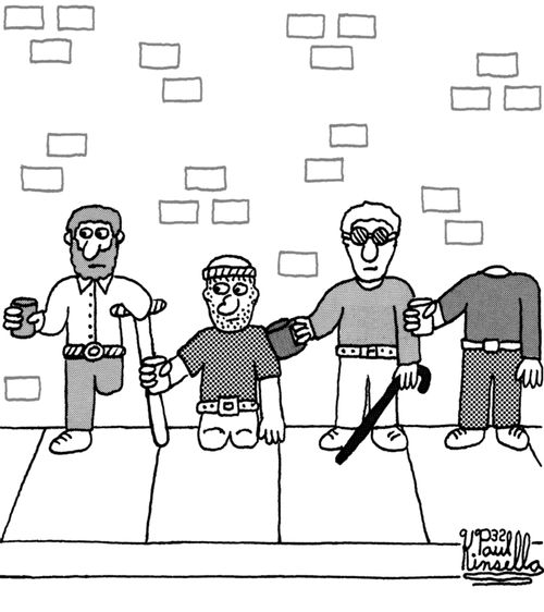 Beggars panhandling on sidewalk.