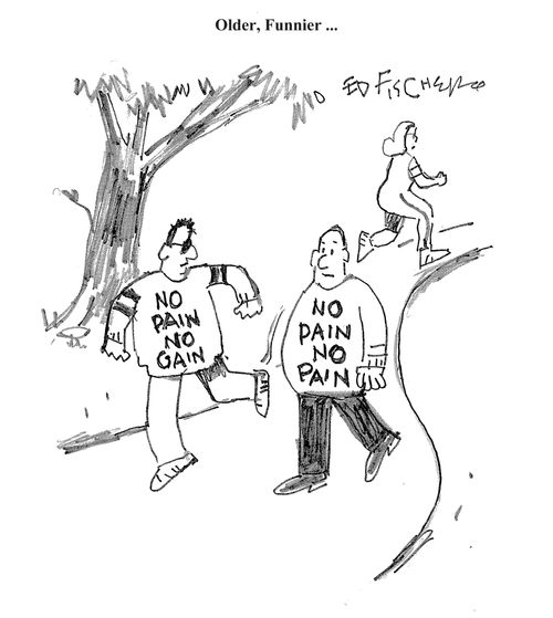 T-shirt reads: 'No Pain, No Pain.'