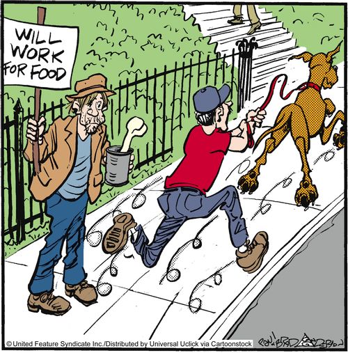 Marmaduke gives a bone to a beggar.