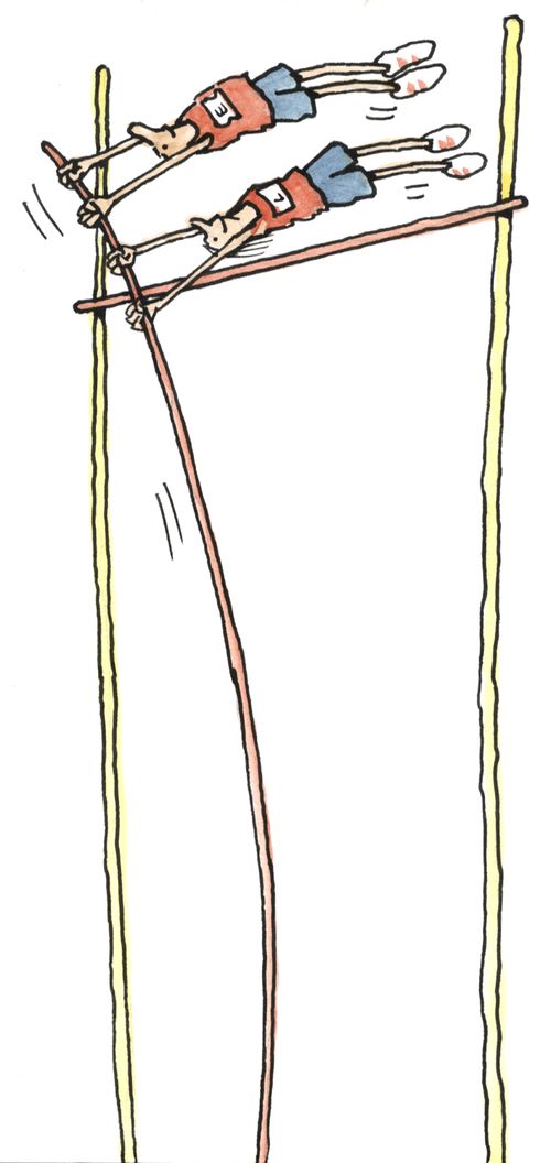 A married couple share the same pole vault.
