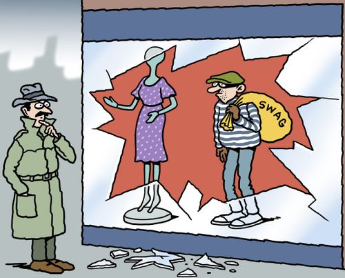 A burglar pretends to be a shop mannequin.  