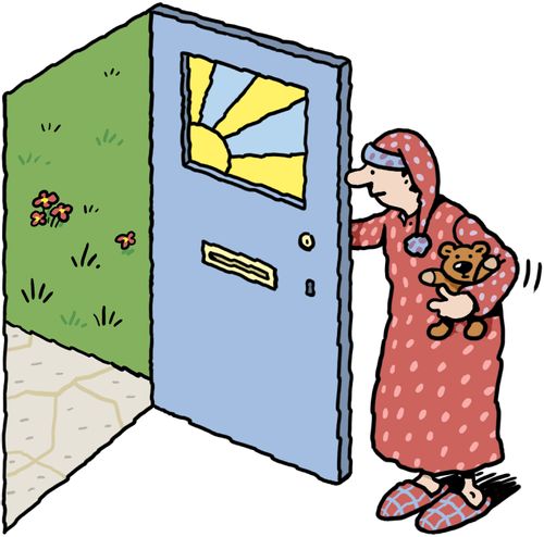 A man opens front door in his night shirt