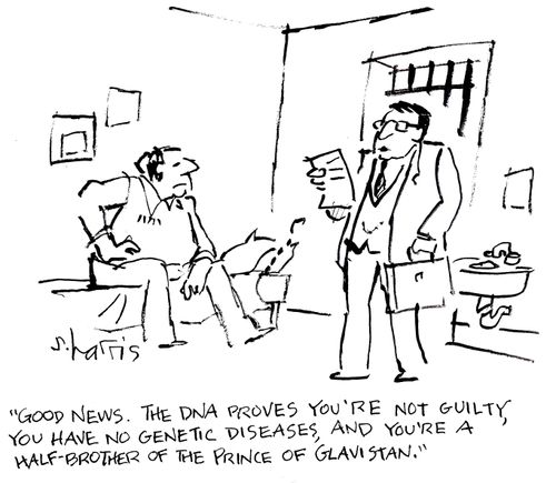 'Good news. The DNA proves you're not guilty, you have no genetic diseases, and you're a half-brother of the Prince of Glavistan.'