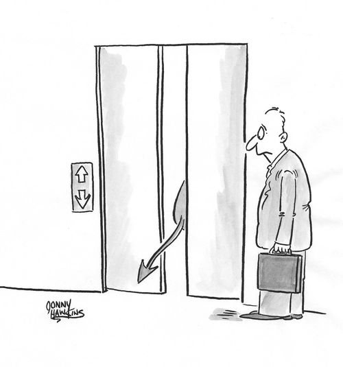Man sees tail of the devil enter elevator.