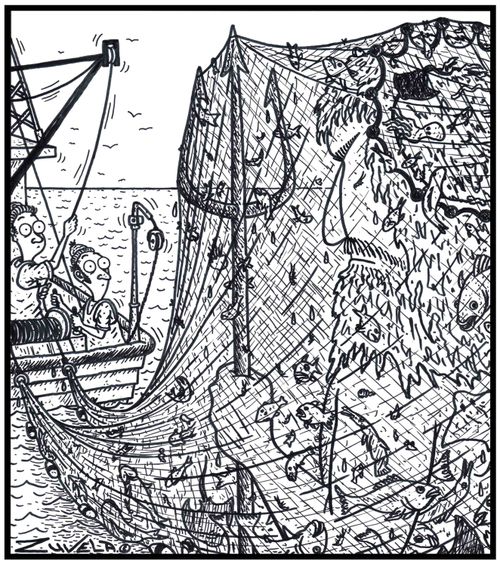 A not-so-happy King Neptune caught up in a Trawlerman's fishing net.