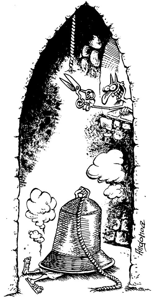 The Devil dropping church bell on bell ringer.