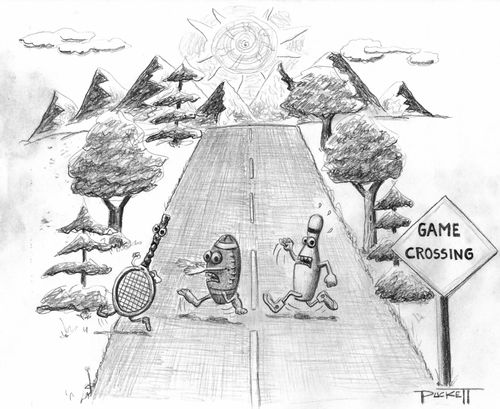 A football, tennis racket, and a bowling pin are running across road. . . A nearby road sign reads: 'GAME CROSSING.'