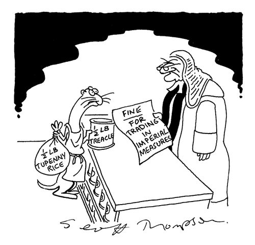 Weasel being fined for trading in imperial measures.