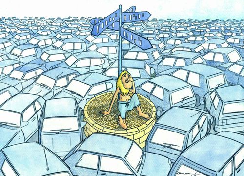 Man trapped on an island surrounded by cars