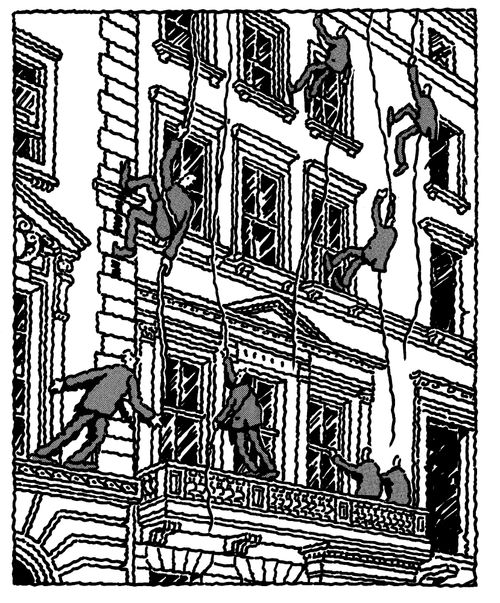 Businessmen absailing down a building.