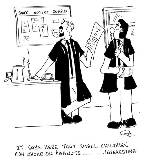 Staff Notice Board - "It says here that small children can choke on peanuts...interesting."