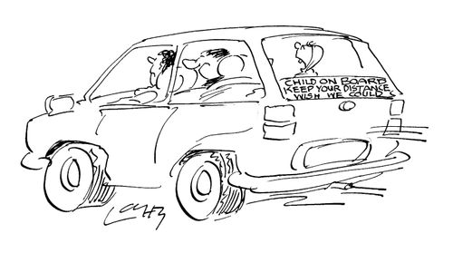 Car sticker reads: "Child on board. Keep Your Distance - wish we could."