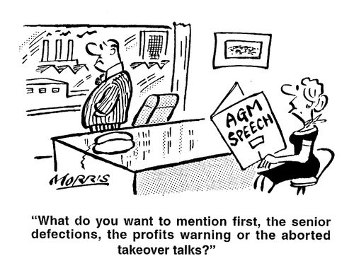 "What do you want to mention first, the senior defections, the profits warning or the aborted takeover talks?"
