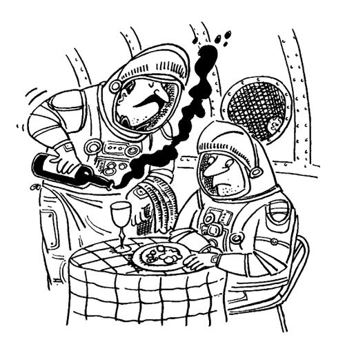 Spaceman waiter losing all his wine in the zero gravity