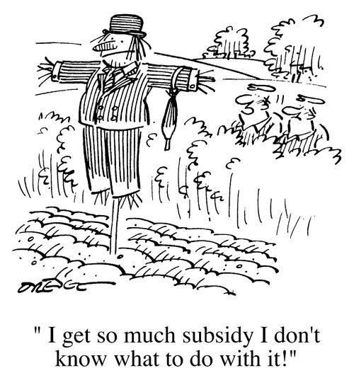 Farmers and smart looking scarecrow - "I get so much subsidy I don't know what to do with it!"
