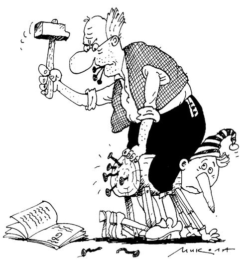 Pinochio's dad hammering nails in to Pinochio's bottom