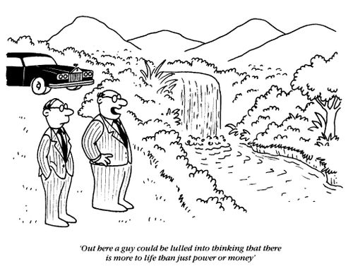 Business men talking, "Out here a guy could be lulled into thinking that there is more to life than just the power or money"
