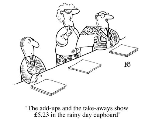 School Budget Meeting, "The add-ups and take-aways show �5.23 in the rainy day cupboard."