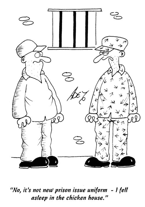 'No, it's not a new prison issue uniform - I fell asleep in the chicken house.'