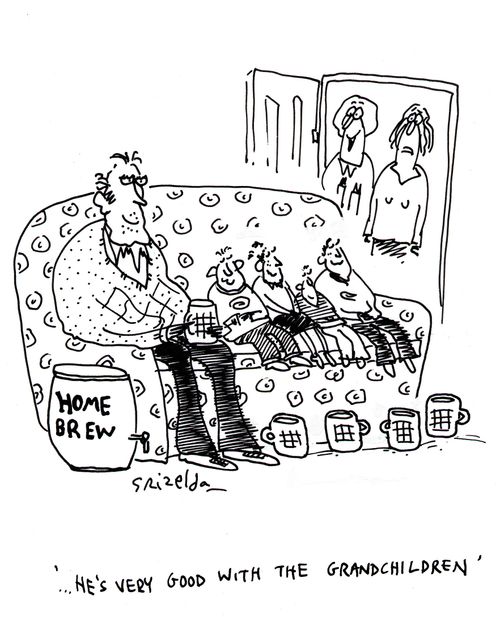 Granddad with a big barrel of Home Brew - '...He's very good with the grandchildren'