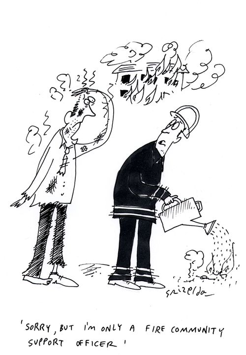 Fireman with watering can - 'Sorry, but I'm only a Fire Community Support Officer'