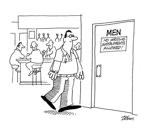 Sign on mensroom door: 'No writing instruments allowed'