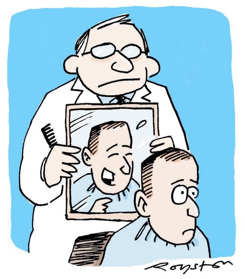 Man in barber's chair. His reflection mocks his new haircut.