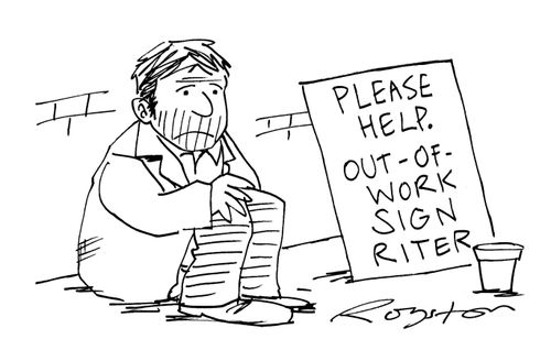 Man begs with a sign that says 'Please help. Out-of-work sign riter.'