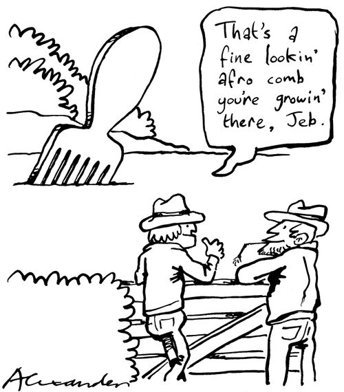 Afro comb farmer - "That's a fine looking afro comb you're growin there, Jeb."
