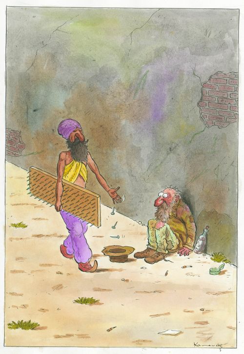 Man with nail bed giving nails to beggar.
