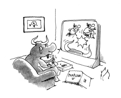Pamplona bull watches TV