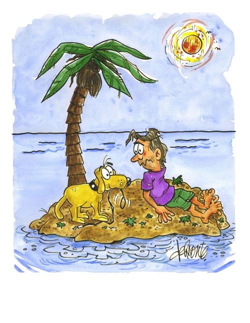 Man and dog stuck on an island in the ocean: dog wants to have a walk.