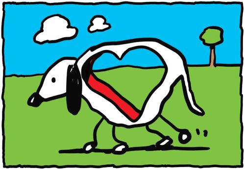A dog with a heart shaped hole in his body