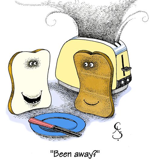 'Been Away?' A piece of bread looks at a piece of brown toast as if it's got a suntan.