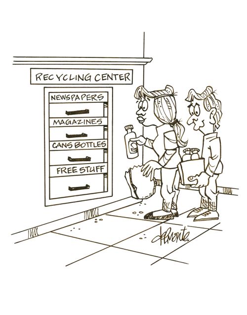 Recycling container marked 'free stuff'.