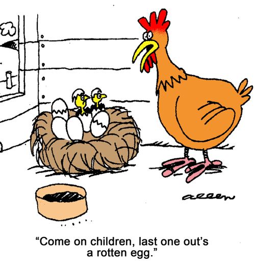 'Come on children, last one out's a rotten egg.'