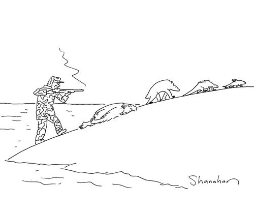 Soldier shooting evolutionary animals.