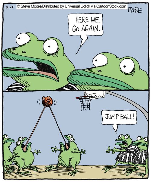 Frogs playing basketball.