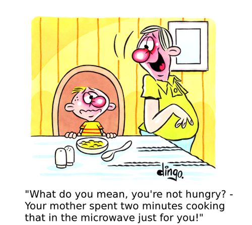 'What do you mean, you're not hungry? - Your mother spent two minutes cooking that in the microwave just for you!'