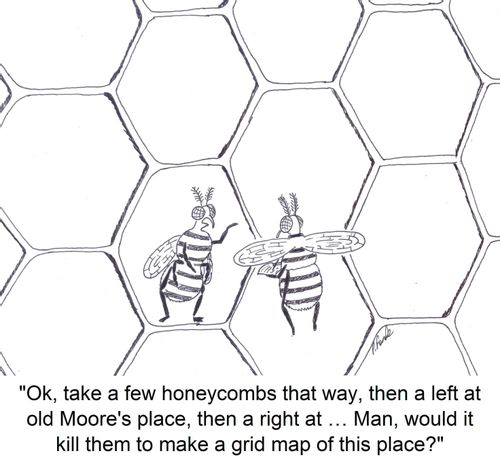 'Ok, take a few honeycombs that way, then a left at old Moore's place, then a right at … Man, would it kill them to make a grid map of this place?'