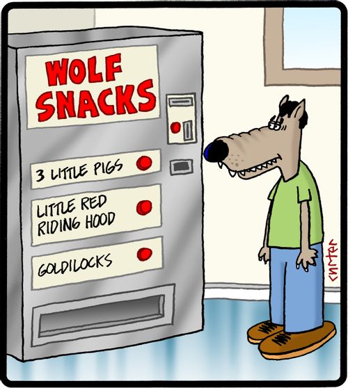 Wolf snacks vending machine: 3 Little Pigs, Little Red Riding Hood, Goldilocks.