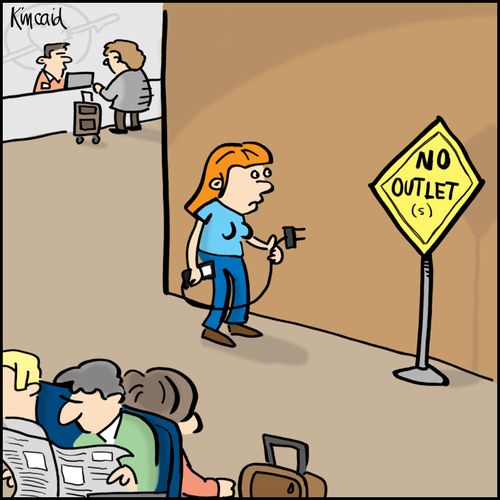 Woman in airport with cell phone standing in front of No Outlet sign.