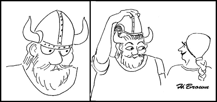 Viking takes off his horned helmet and reveals that he actually has horns.