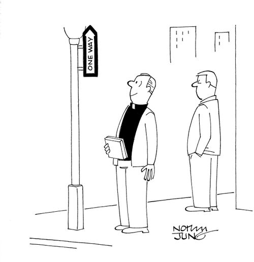 Priest sees 'one way' sign point upwards toward heaven.