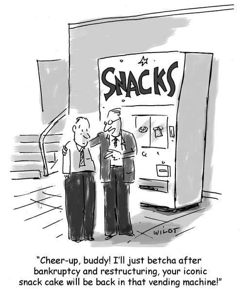 'Cheer-up, buddy! I'll just betcha after bankruptcy and restructuring, your iconic snack cake will be back in that vending machine.'