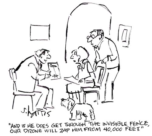 'And if he does get through the invisible fence, our drone will zap him from 40,000 feet.'