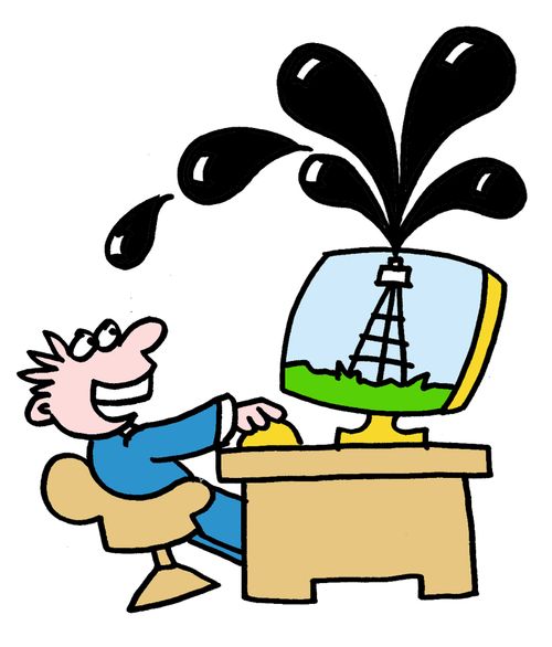 Oil gushes out of a oil derrick on a computer screen.