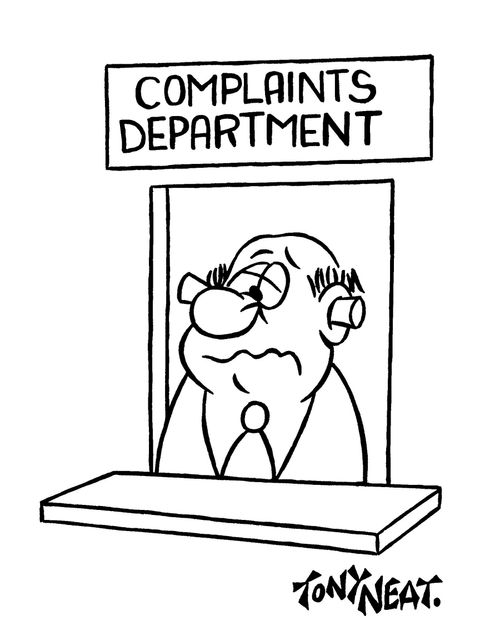 Complaints department officer with corks in his ears.